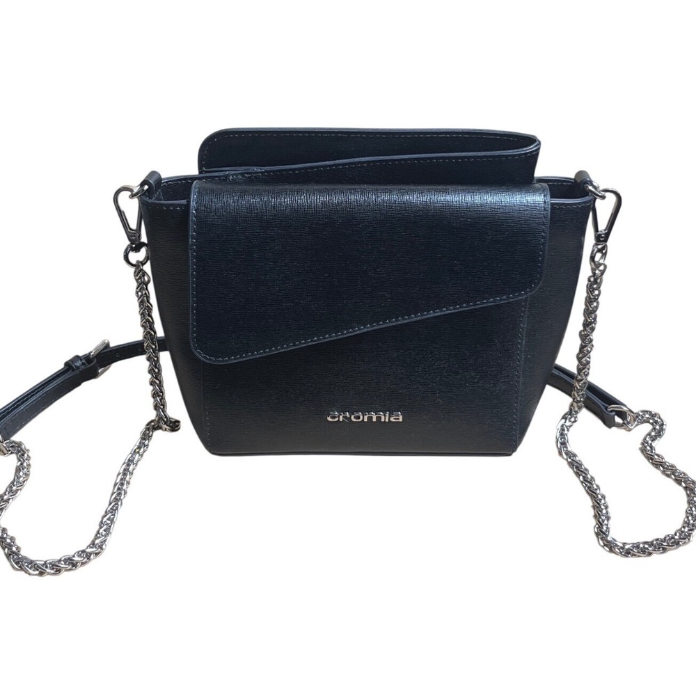 Cromia Black‎ Textured Leather Crossbody Bag Silver Chain Strap Italian Design